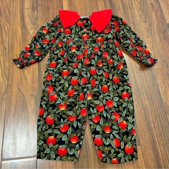 Red/green apple print lightweight corduroy vintage jumpsuit - Picture 2 of 6